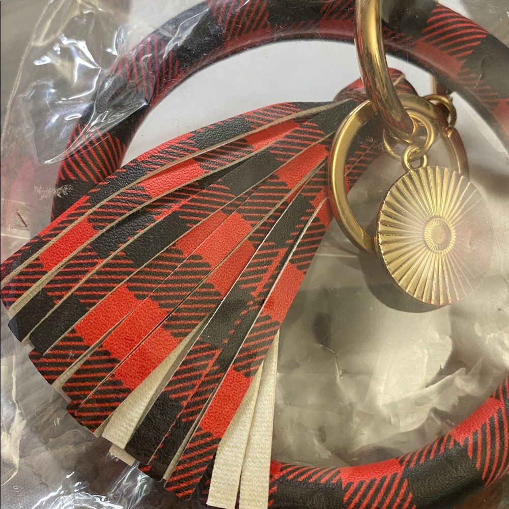 Red & Black Buffalo Plaid Keychain Bracelet with Gold Accent & Fringe Tassel - Picture 5 of 11